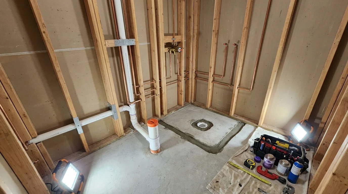 Bathroom rough-in plumbing during remodel by Johns Plumbing LLC in Platte