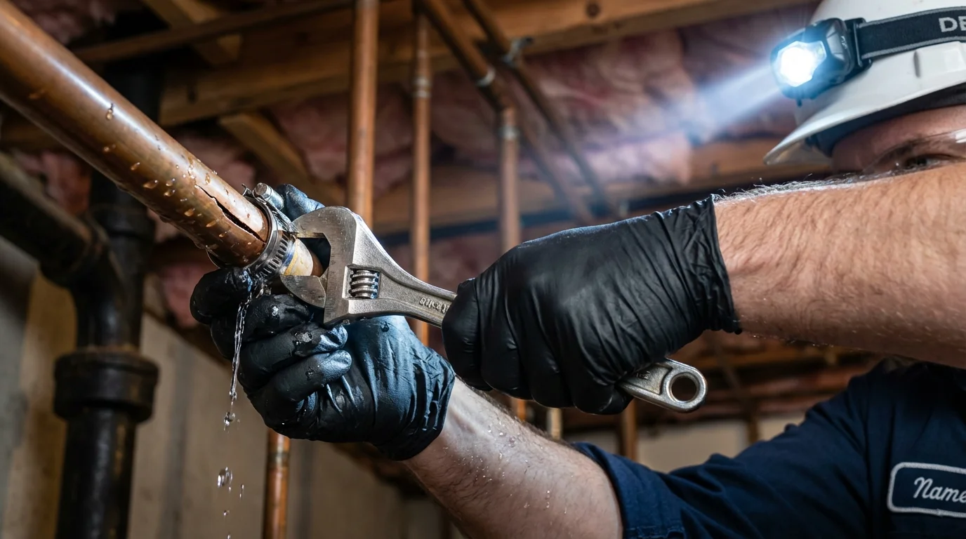 Emergency pipe clamp repair being performed by a Johns Plumbing LLC plumber in Platte