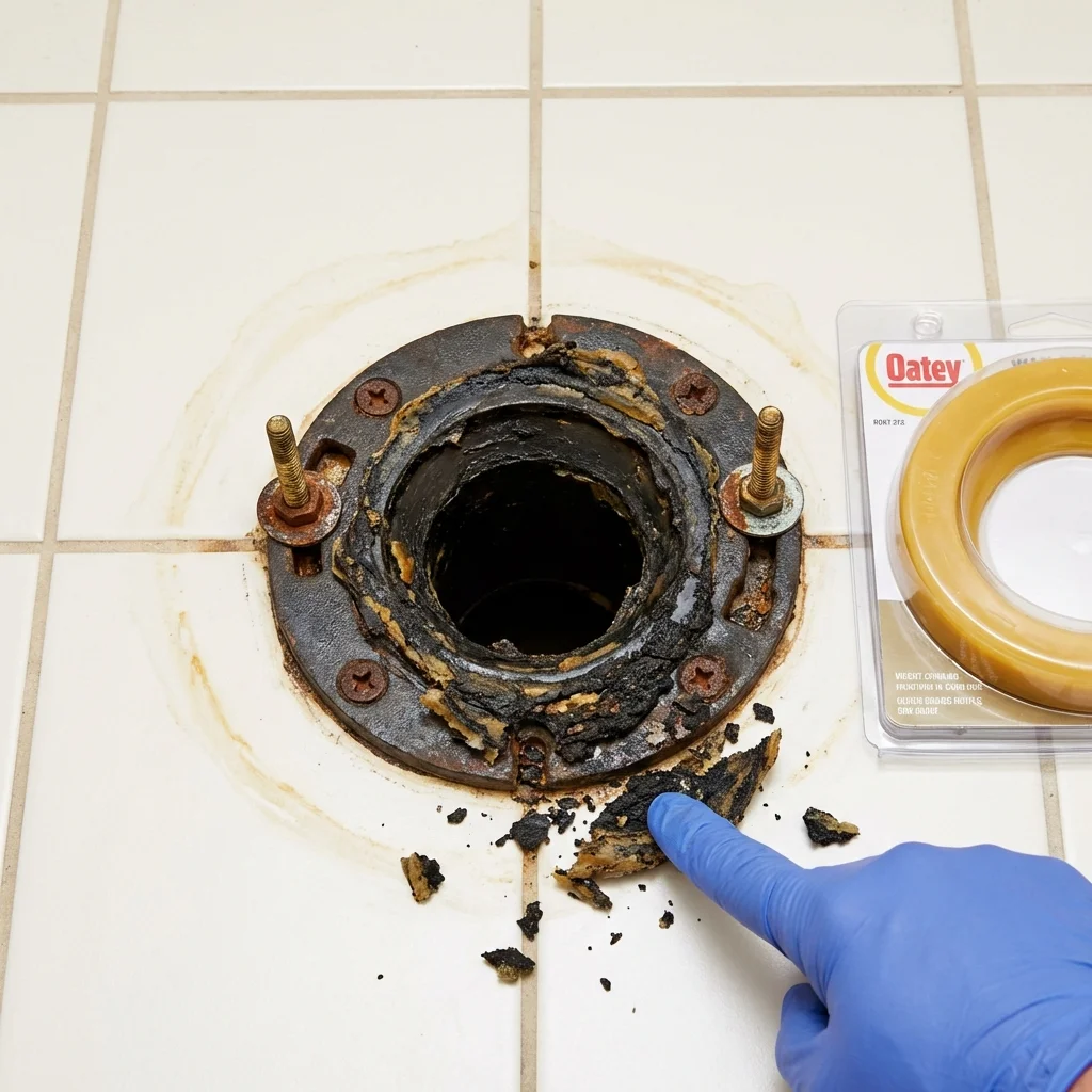 Failed wax ring showing water seepage at the base of a toilet in a Platte, SD home