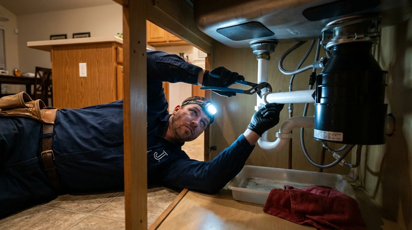 P-trap and supply line connections under a kitchen sink showing a common leak point in Platte, SD